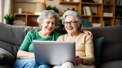 Happy Senior Women Using Laptop Together at Home: Perfect for Aging in Place, Tech Education, and Family Bonding Concepts