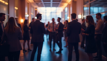 A vibrant networking event with business professionals engaging in conversation, blurred figures creating a sense of motion and activity