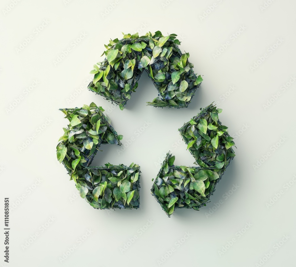 Poster here's a description and keywords for your image.. lush green foliage forming a recycling symbol on 