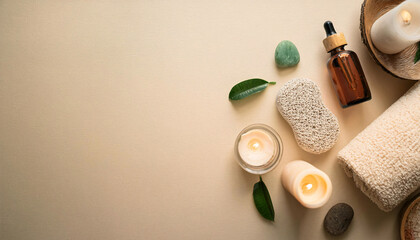 Luxurious spa flatlay with candles, essential oils, and wellness items in a serene and tranquil setting