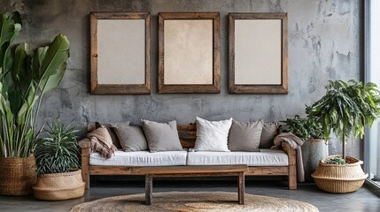 A stylish living room featuring a wooden sofa, decorative cushions, empty frames, and lush greenery, creating a cozy, modern atmosphere.