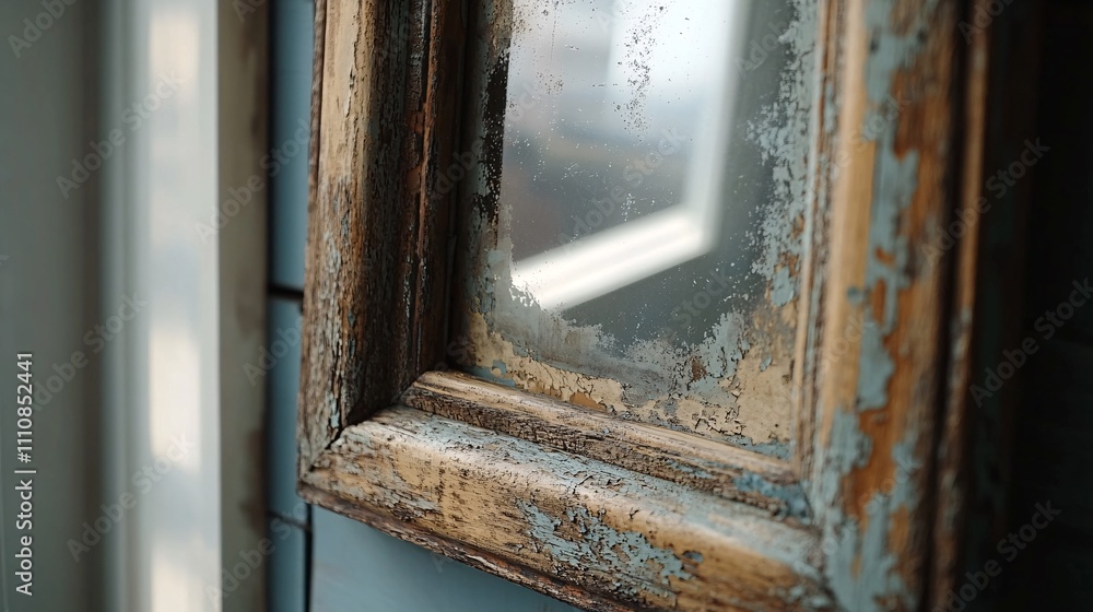 Poster a vintage, weathered mirror frame with peeling paint reflects soft light, creating a moody, nostalgi
