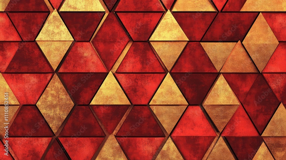 Poster repeating geometric pattern of triangles in alternating shades of red and gold