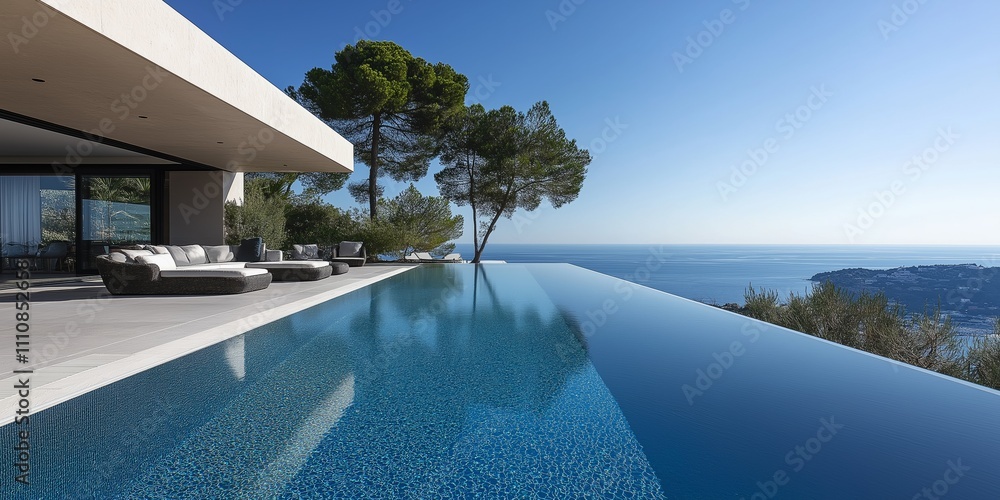 Poster a large pool with a tree in the background. the pool is surrounded by a white fence and is located o
