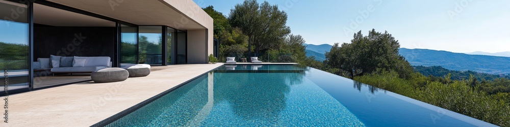 Poster a large pool with a house in the background. the pool is surrounded by trees and has a view of the m