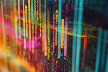 Dynamic financial data visualization with colorful holographic bars representing fluctuating market trends and statistics