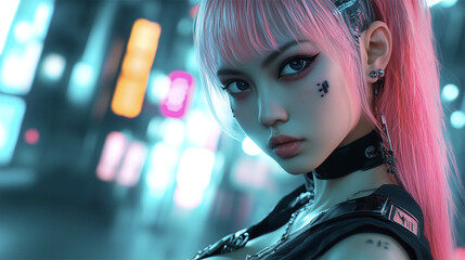 Futuristic portrait of a woman with pink hair and neon-lit background, cyberpunk Tokyo style.  
