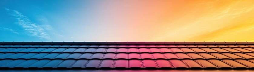 Fototapeta premium A vibrant sunset casts colorful hues over a tiled roof, blending warm oranges and cool blues in a serene evening sky.