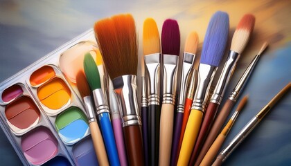 Aesthetic background adorned with an array of paint brushes and a palette of different color