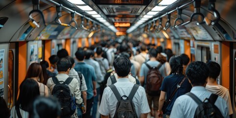 Crowded metro car filled with commuters during rush hour in an urban setting