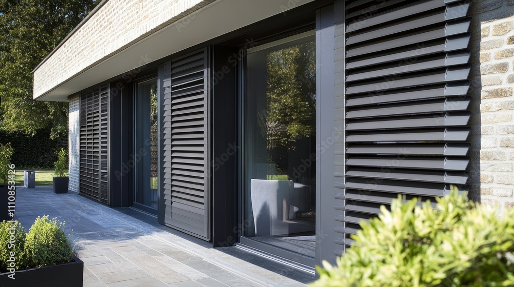 Poster a modern home with stylish outside shutters and roller blinds on the windows, creating an elegant ex