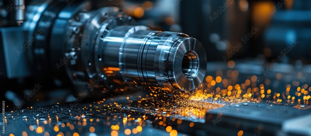 Poster close-up of a metal part being machined on a lathe with sparks flying.