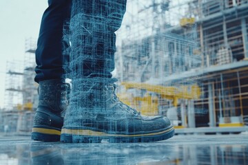 Construction Worker with Futuristic Digital Overlay of Building Design