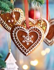 handcrafted heart-shaped gingerbread cookies decorated with icing, hanging as Christmas decorations