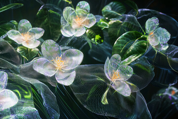 Holographic flowers and leaves create mesmerizing, ethereal scene, showcasing intricate details and vibrant colors that evoke sense of wonder and tranquility