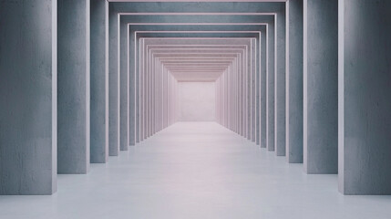 Obraz premium Futuristic corridor with symmetrical concrete pillars leading to a bright opening, evoking a modern architectural design.