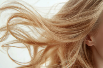 Close-up of flowing blonde hair, showcasing movement and texture against a light background.