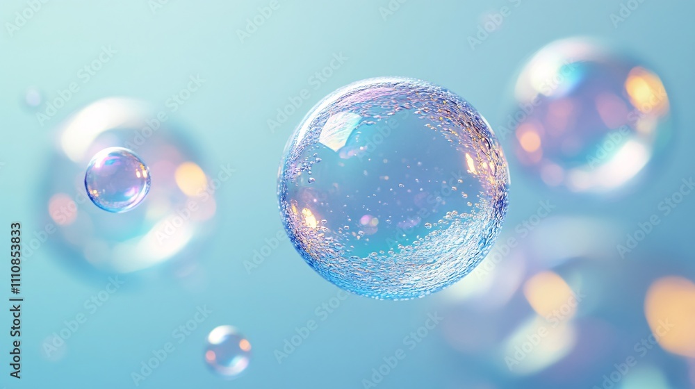 Poster a collection of delicate, iridescent bubbles floating in a soft blue background, creating a serene a