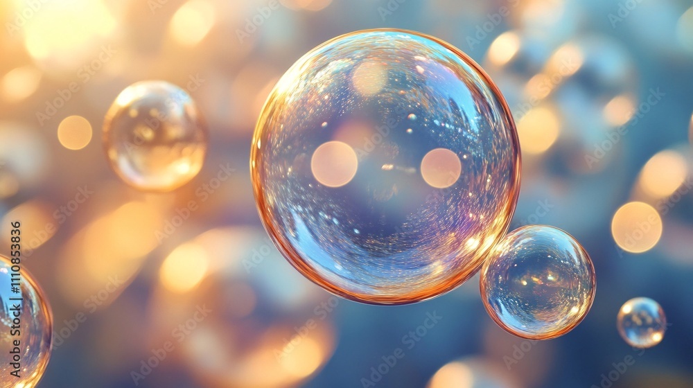 Poster shimmering soap bubbles float against a dreamy background, reflecting light and colors, creating a w