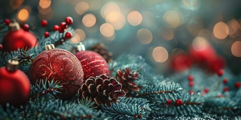 Obraz premium Festive decorations with red ornaments and pinecones on evergreen branches during the holiday season
