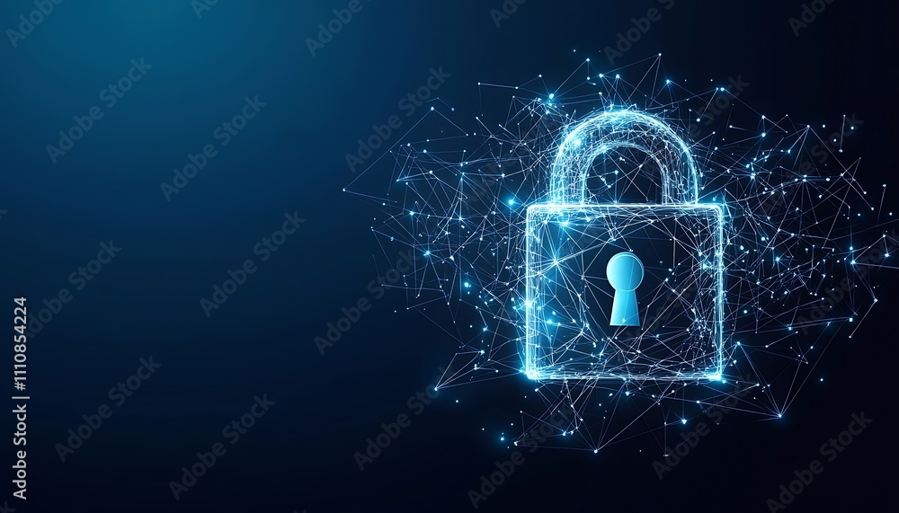 Poster cyber security concept. lock symbol from lines and triangles, point connecting network on blue backg