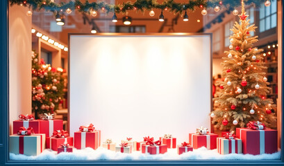 an empty white sign on the shop window with Christmas gifts , Eve