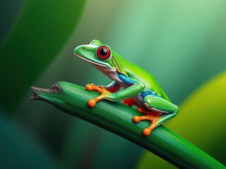 Fototapeta premium The vibrant colors of a tree frog on its emerald green perch, emerald green, vibrant colors, nature photography