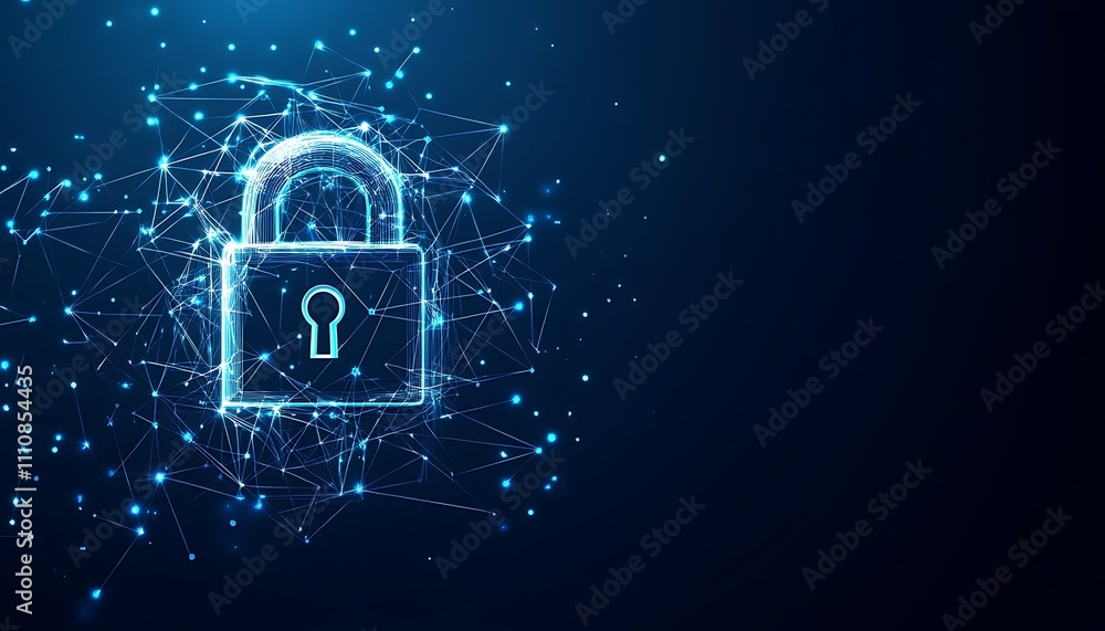Poster cyber security concept. lock symbol from lines and triangles, point connecting network on blue backg