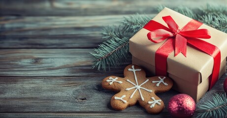 Fototapeta premium Vintage Christmas Gift Box and Gingerbread Cookies. AI generated illustration.