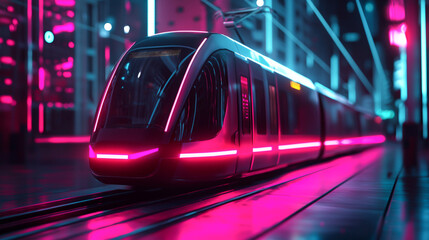 Fototapeta premium Futuristic neon-lit train gliding through vibrant cityscape at night.