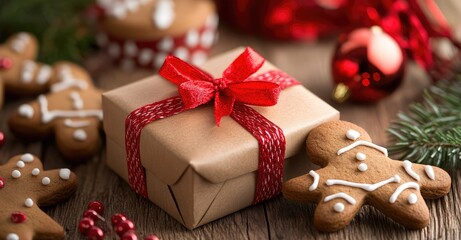 Fototapeta premium Vintage Christmas Gift Box and Gingerbread Cookies. AI generated illustration.