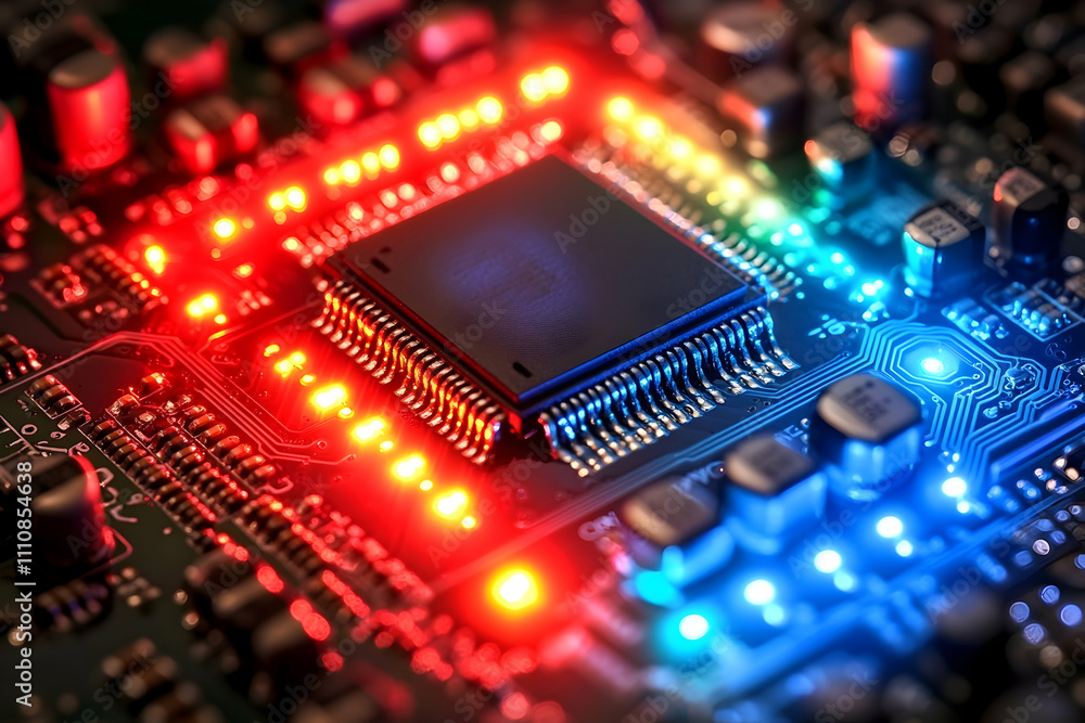 Poster illuminated microchip on circuit board.
