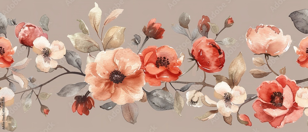 Poster a watercolor illustration with a continuous pattern of fall flowers set against a clean pastel brown