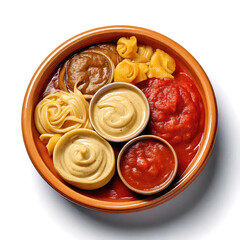 Delicious Italian American pasta sauces in wooden bowl, featuring variety of textures and colors, perfect for enhancing any pasta dish