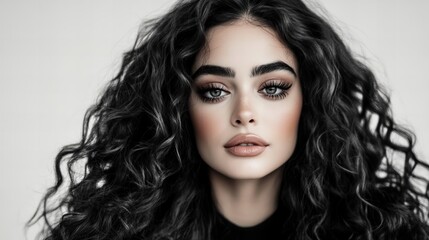 Fototapeta premium Stunning young woman with long, curly hair and expressive makeup in a soft, neutral backdrop.