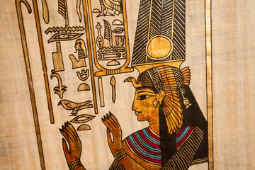 Artistic reproduction of ancient egyptian art on real papyrus