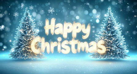Charming christmas tree illustration covered in snow with the words 'Happy Christmas,' set against a festive blue background with falling snowflakes for a magical holiday greeting