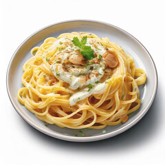 Creamy garlic pasta served on plate, garnished with herbs and touch of sauce, creating delicious and inviting dish. Perfect for food lovers!