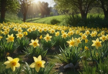 Obraz premium Vibrant daffodils sway in the gentle spring breeze amidst a lush green field , daffodils, nature