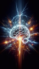 Floating brain surrounded by lightning and glowing lights, symbolizing energy and futuristic power