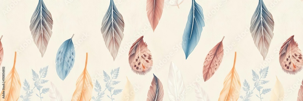 Poster watercolor feather pattern with soft and subtle colors repeating seamlessly, decoration, soft