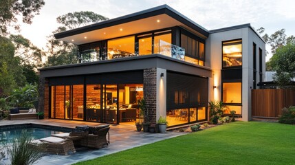 Obraz premium Contemporary home with outside roller blinds, giving the windows a sleek look while providing sun control and privacy from the outside.