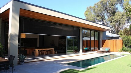 Contemporary home with outside roller blinds, giving the windows a sleek look while providing sun control and privacy from the outside.