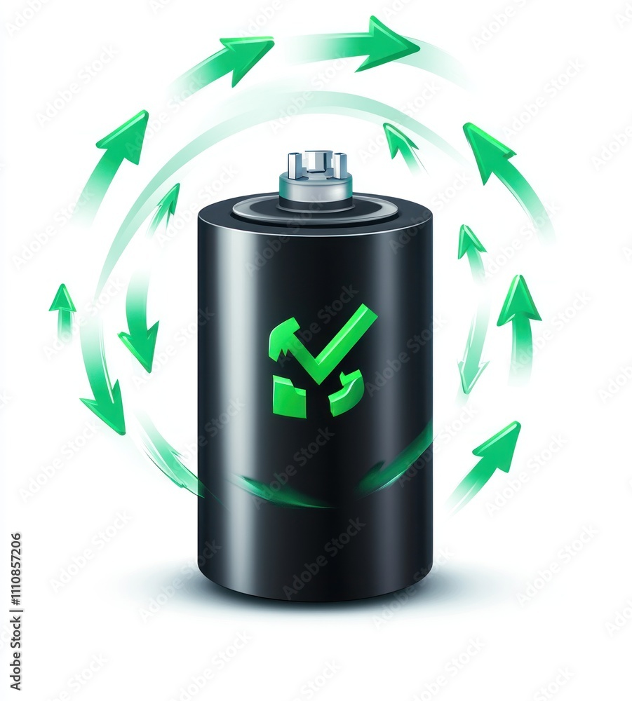 Poster here's a possible and keyword list for your stock photo.. recyclable battery with circular green arr
