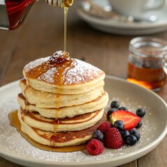 A stack of fluffy pancakes with a drizzle of maple syrup and a sprinkle of powdered sugar, served with a side of berries