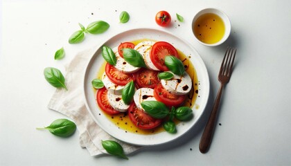 Fresh Caprese salad on a white plate with tomatoes, mozzarella, and basil