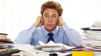 Frustrated office worker overwhelmed by paperwork and deadlines at a cluttered desk