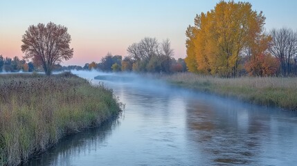 Obraz premium Serene river scene at dawn with mist and autumn foliage.