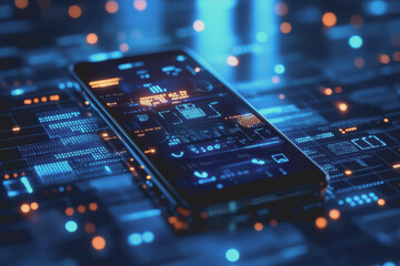 Modern smartphone design is placed on a blue background with a digital theme showing various icons.