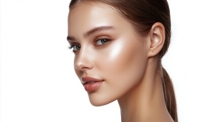Obraz premium Face building massage. Portrait of beautiful young woman with perfect face lines, tanned spotless skin isolated on white background. Female beauty, skin and body care, cosmetology, cosmetics concept